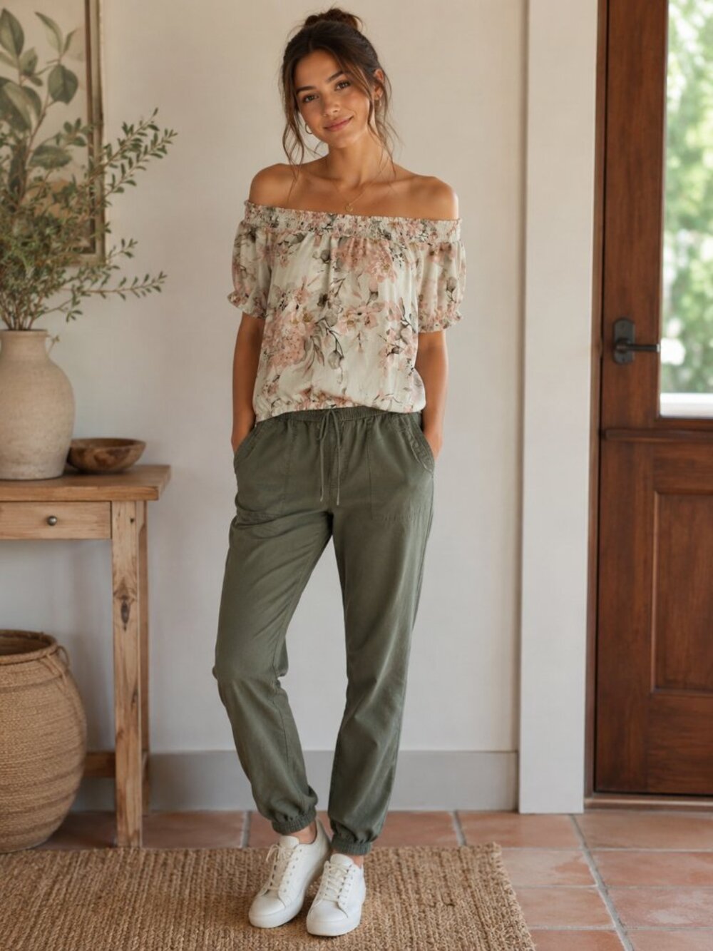 Small-medium green floral off-shoulder Rachel Zoe short-sleeved chiffon blouse
